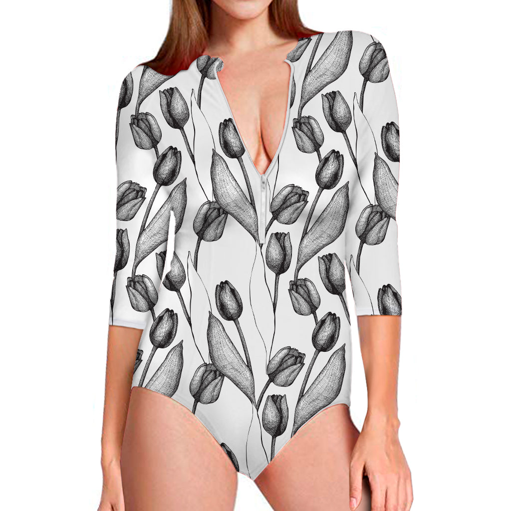 Black And White Tulip Pattern Print Long Sleeve Swimsuit