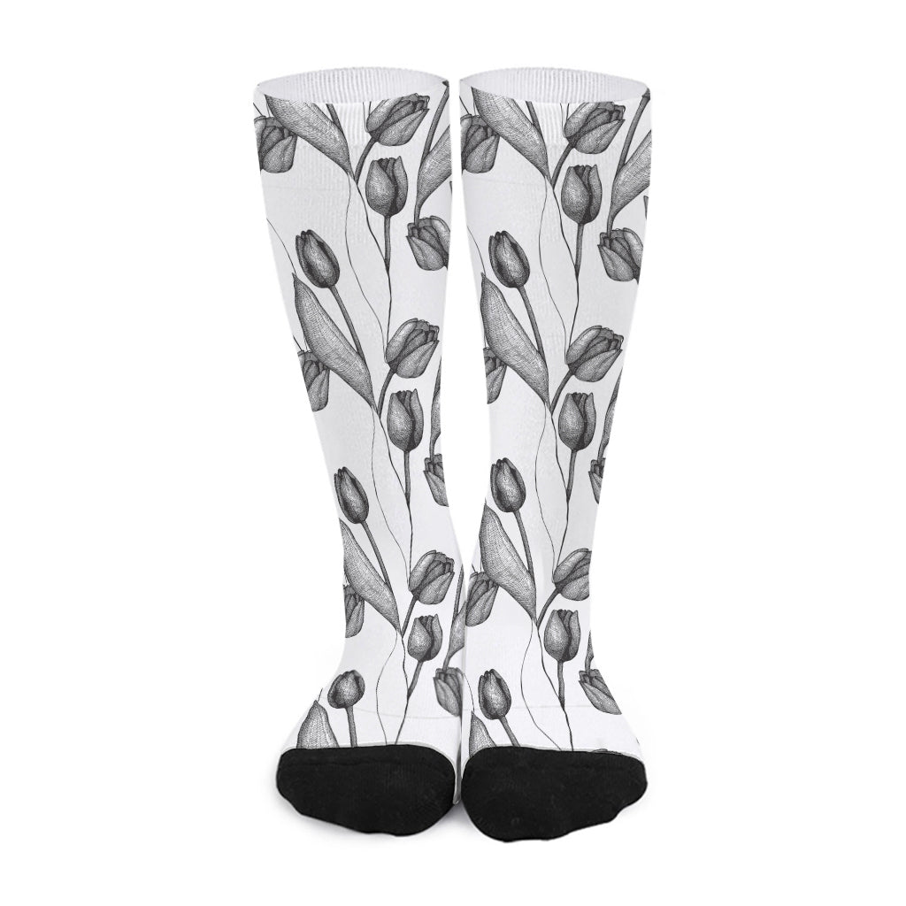 Black And White Tulip Pattern Print Long Socks
