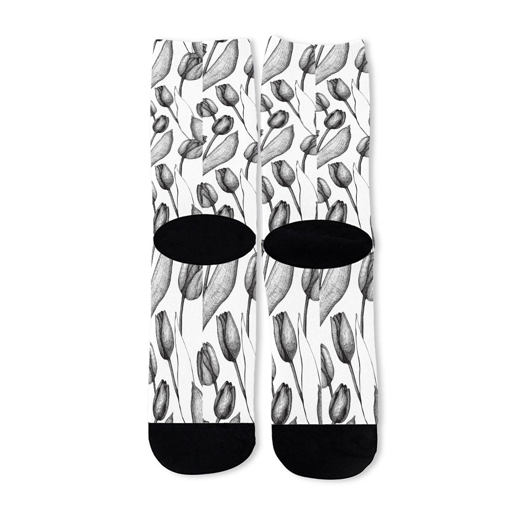 Black And White Tulip Pattern Print Long Socks