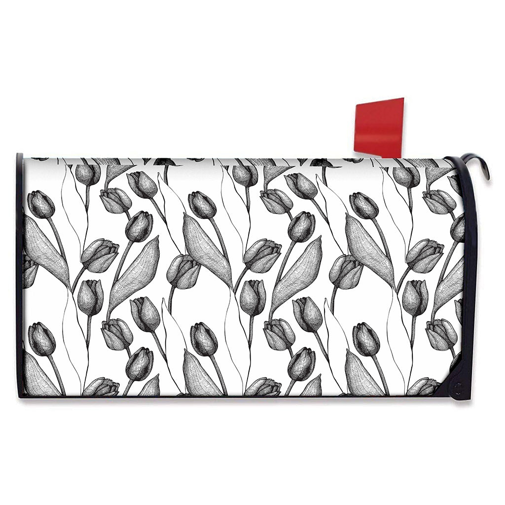 Black And White Tulip Pattern Print Mailbox Cover