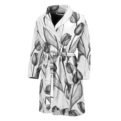 Black And White Tulip Pattern Print Men's Bathrobe