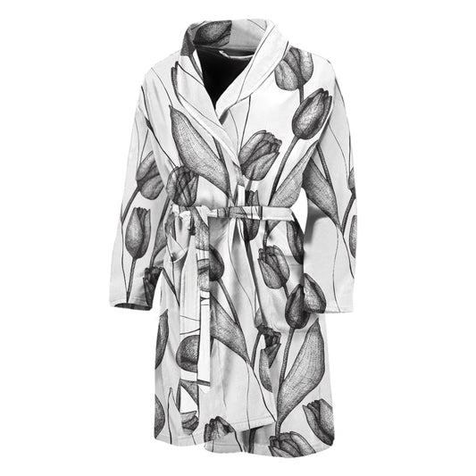 Black And White Tulip Pattern Print Men's Bathrobe