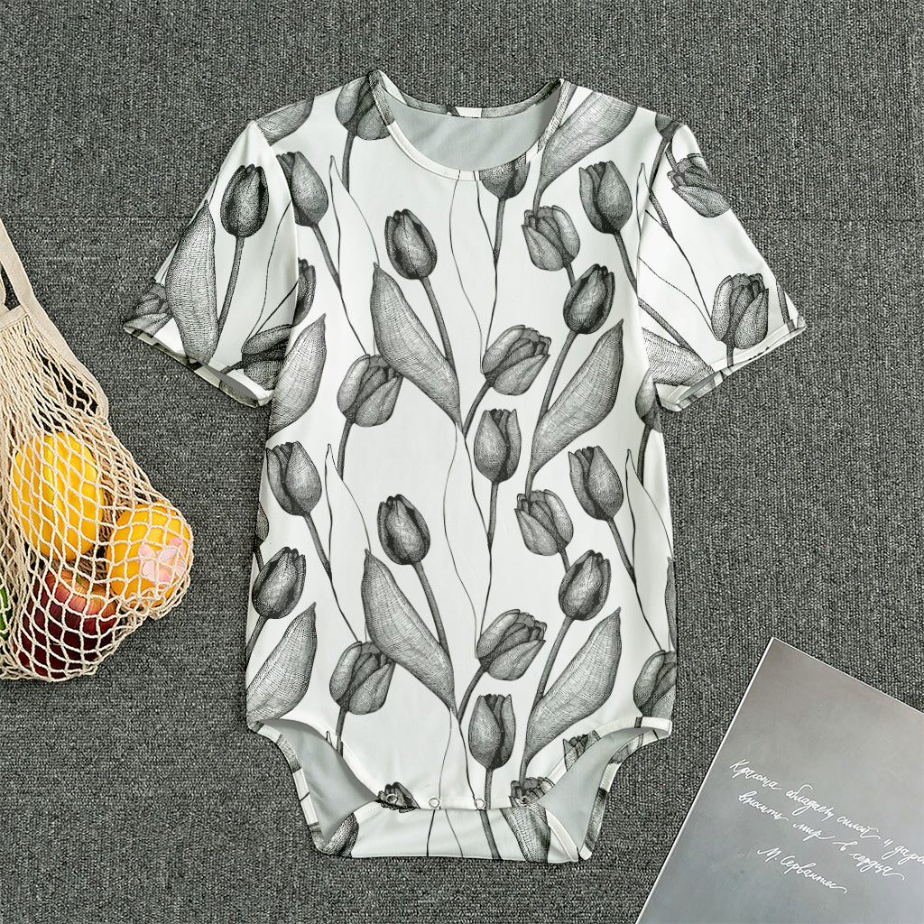 Black And White Tulip Pattern Print Men's Bodysuit