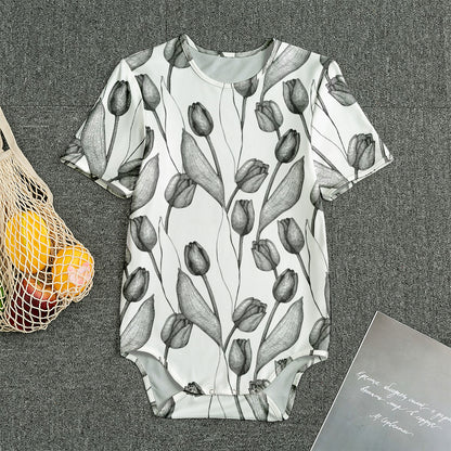 Black And White Tulip Pattern Print Men's Bodysuit