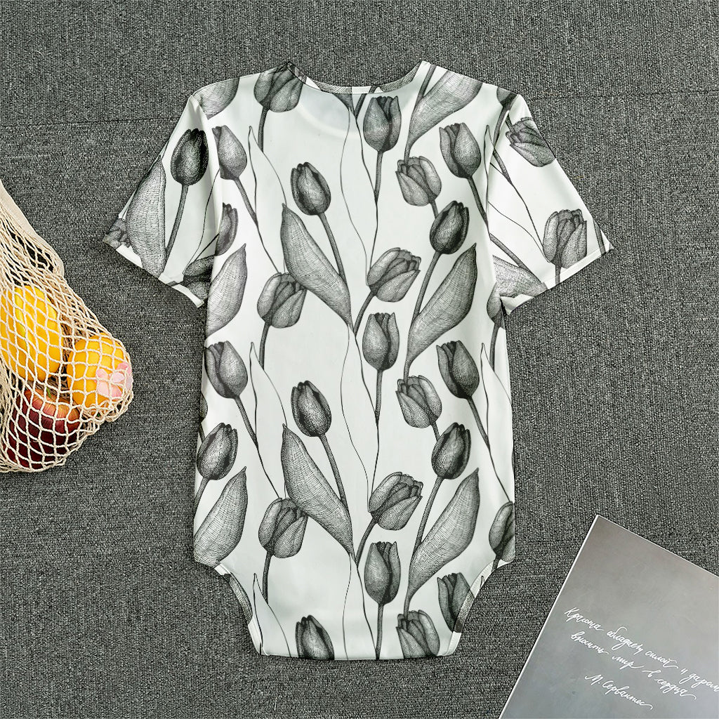 Black And White Tulip Pattern Print Men's Bodysuit