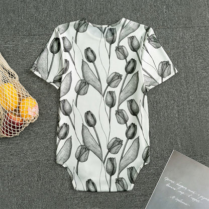 Black And White Tulip Pattern Print Men's Bodysuit