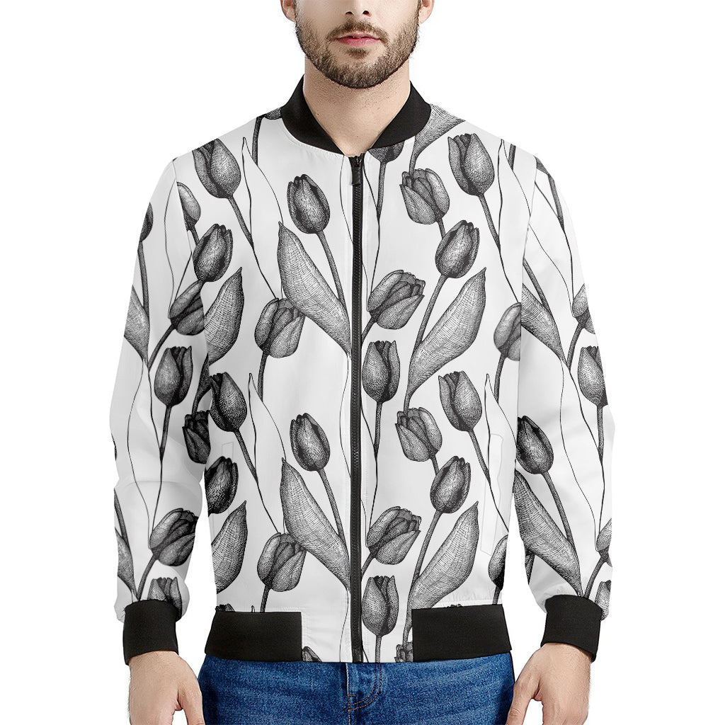 Black And White Tulip Pattern Print Men's Bomber Jacket