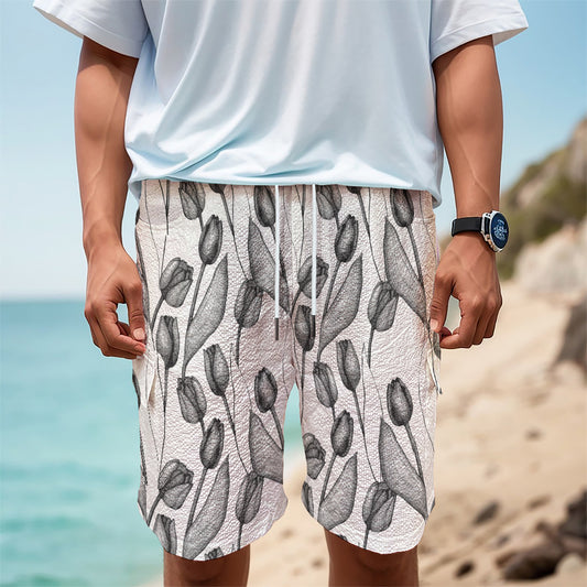 Black And White Tulip Pattern Print Men's Cargo Shorts