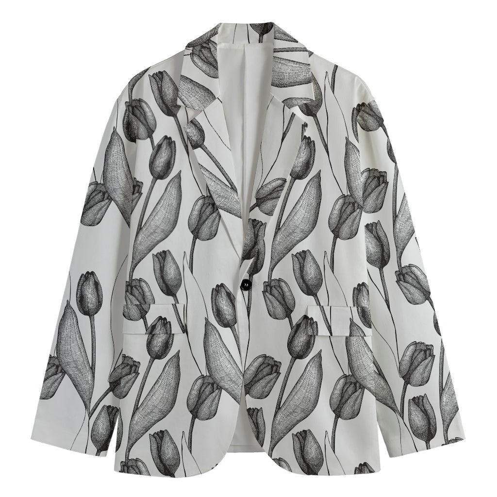 Black And White Tulip Pattern Print Men's Cotton Blazer