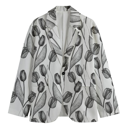 Black And White Tulip Pattern Print Men's Cotton Blazer