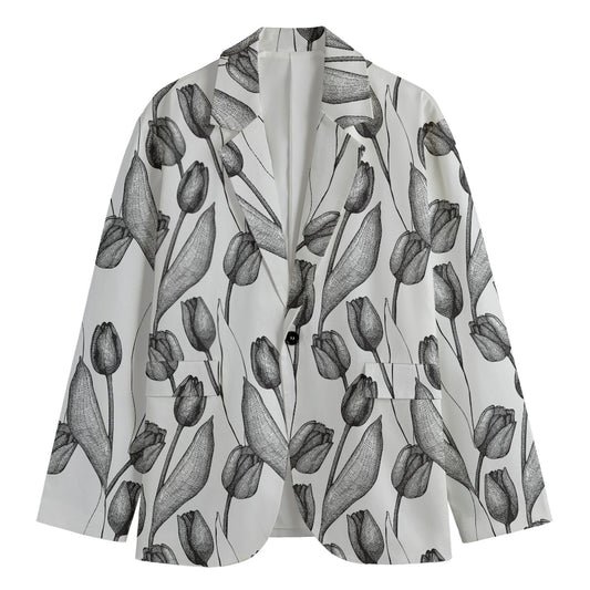 Black And White Tulip Pattern Print Men's Cotton Blazer