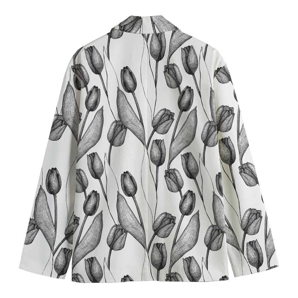 Black And White Tulip Pattern Print Men's Cotton Blazer