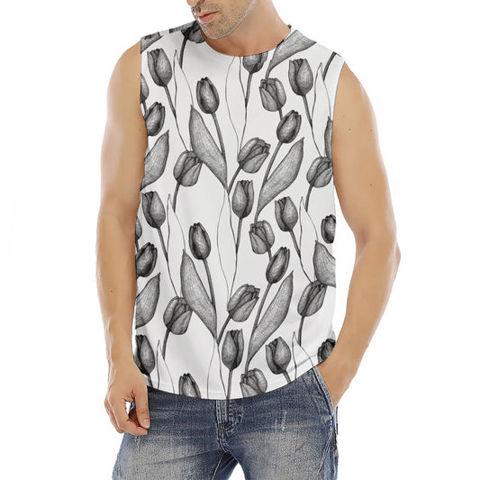 Black And White Tulip Pattern Print Men's Fitness Tank Top