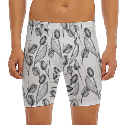 Black And White Tulip Pattern Print Men's Long Boxer Briefs
