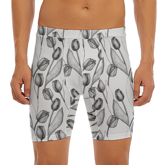 Black And White Tulip Pattern Print Men's Long Boxer Briefs
