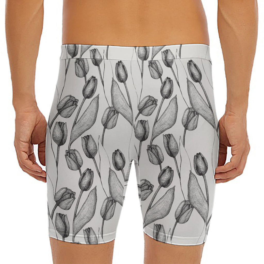 Black And White Tulip Pattern Print Men's Long Boxer Briefs