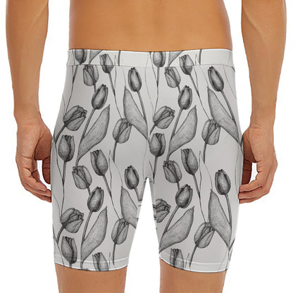 Black And White Tulip Pattern Print Men's Long Boxer Briefs