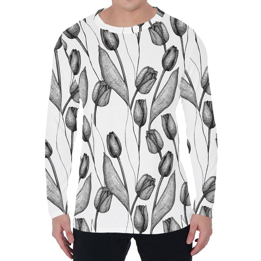 Black And White Tulip Pattern Print Men's Long Sleeve T-Shirt