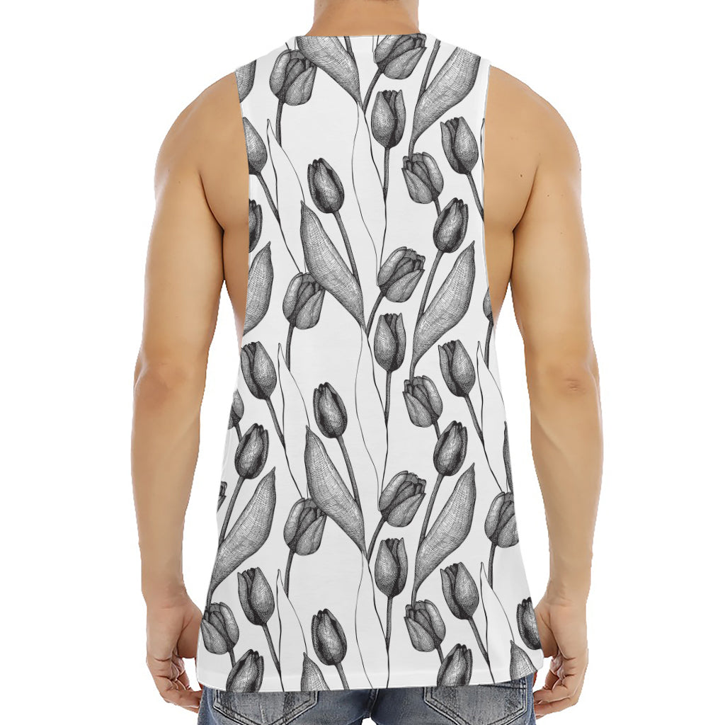 Black And White Tulip Pattern Print Men's Muscle Tank Top