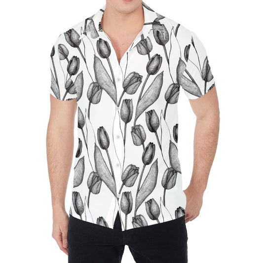 Black And White Tulip Pattern Print Men's Shirt