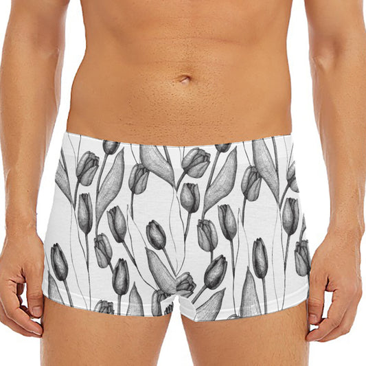 Black And White Tulip Pattern Print Men's Short Boxer Briefs