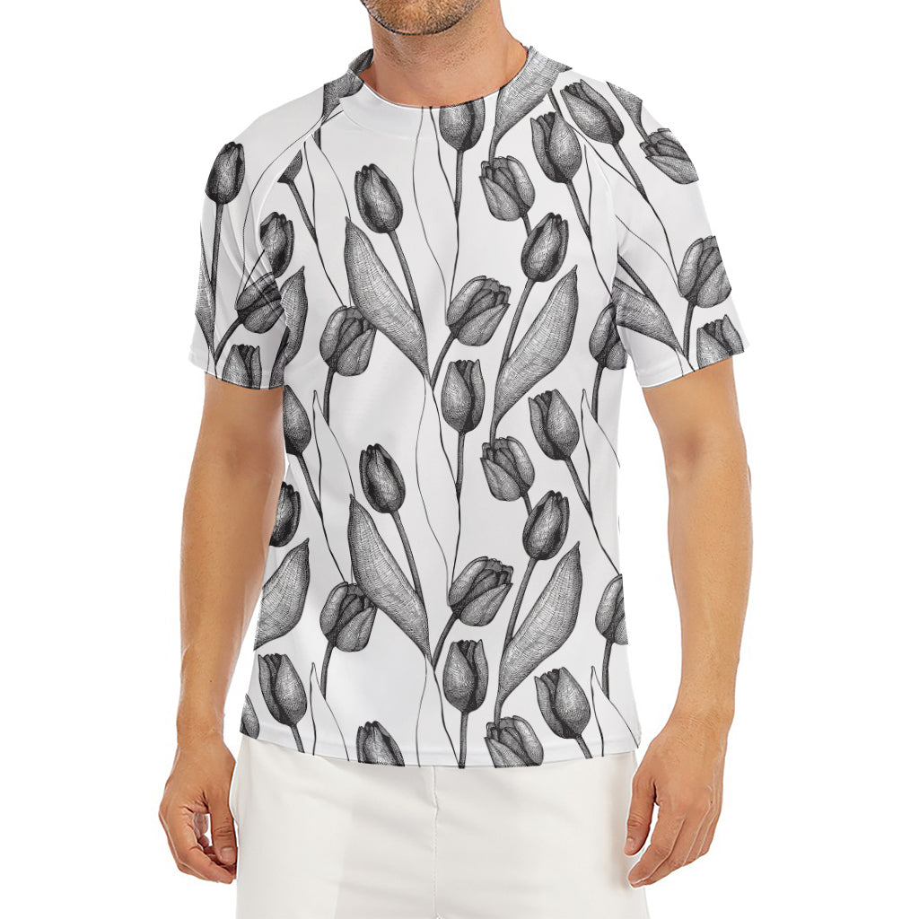 Black And White Tulip Pattern Print Men's Short Sleeve Rash Guard