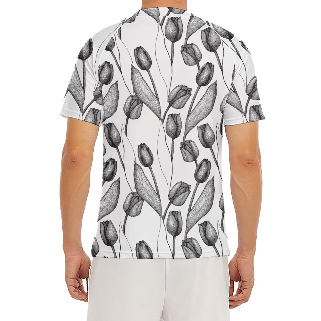 Black And White Tulip Pattern Print Men's Short Sleeve Rash Guard