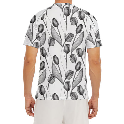 Black And White Tulip Pattern Print Men's Short Sleeve Rash Guard