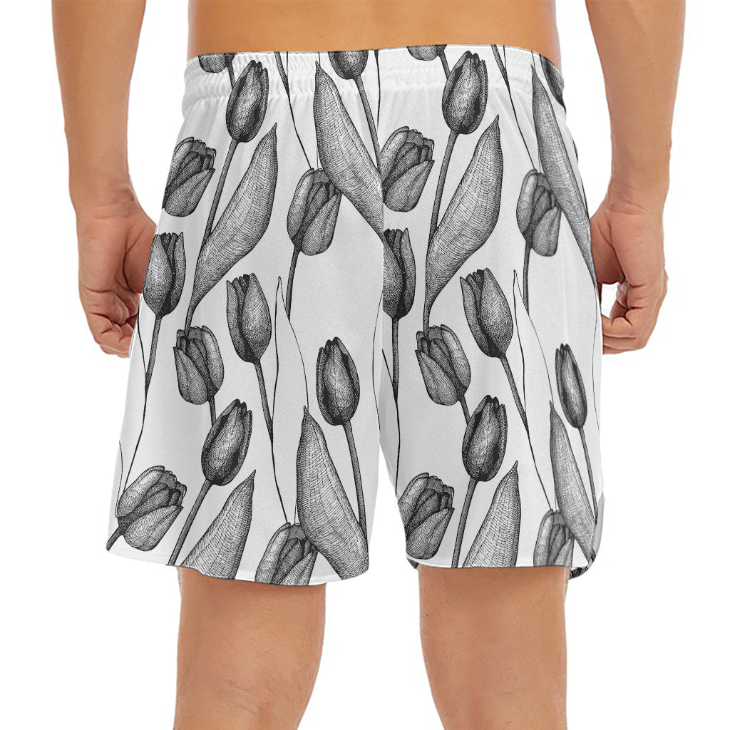 Black And White Tulip Pattern Print Men's Split Running Shorts