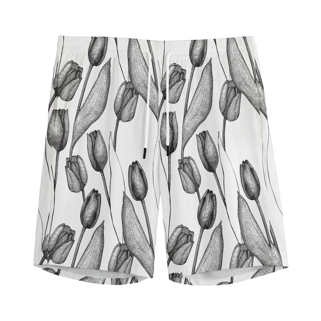 Black And White Tulip Pattern Print Men's Sports Shorts
