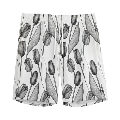Black And White Tulip Pattern Print Men's Sports Shorts