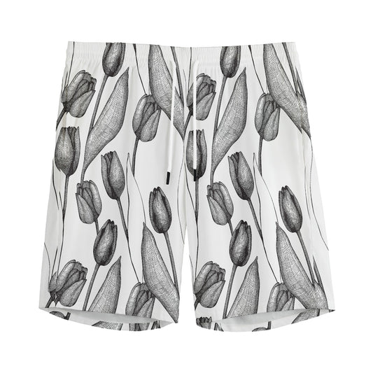 Black And White Tulip Pattern Print Men's Sports Shorts