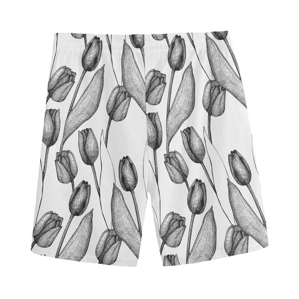 Black And White Tulip Pattern Print Men's Sports Shorts