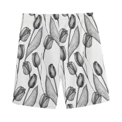 Black And White Tulip Pattern Print Men's Sports Shorts