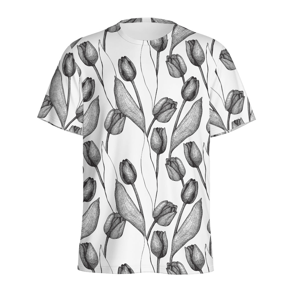 Black And White Tulip Pattern Print Men's Sports T-Shirt