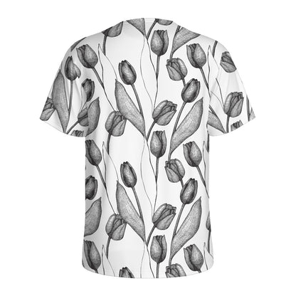 Black And White Tulip Pattern Print Men's Sports T-Shirt