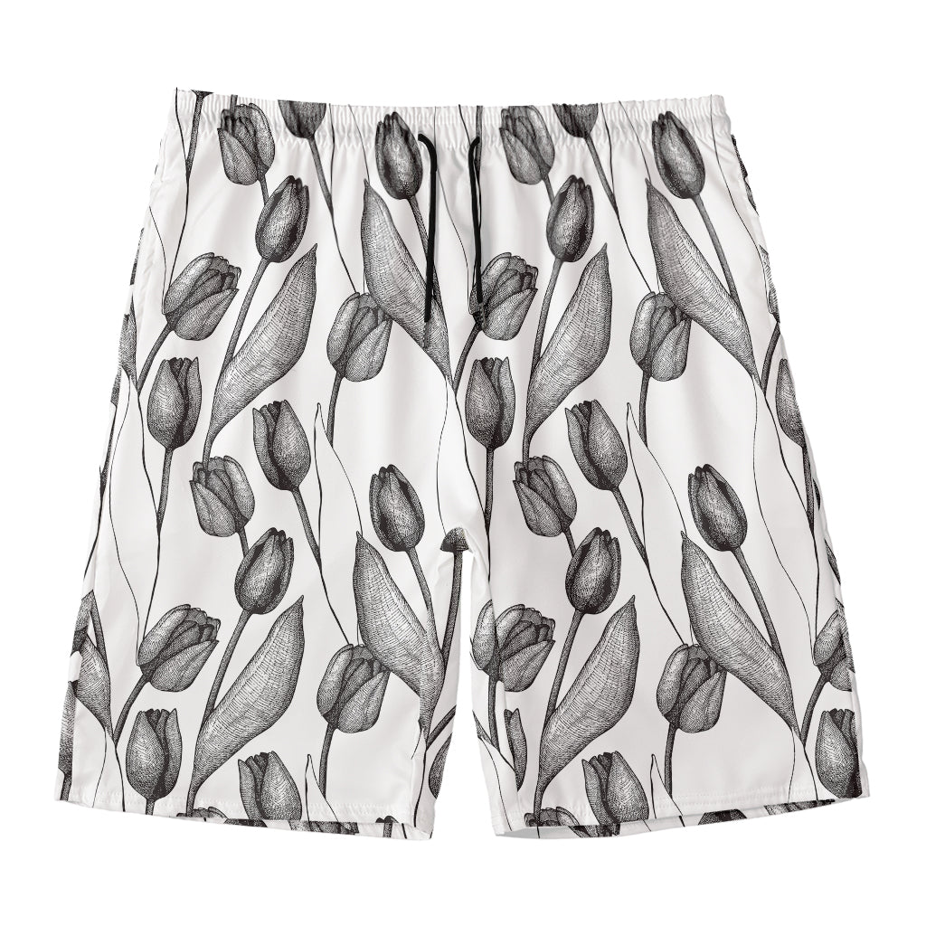 Black And White Tulip Pattern Print Men's Swim Trunks