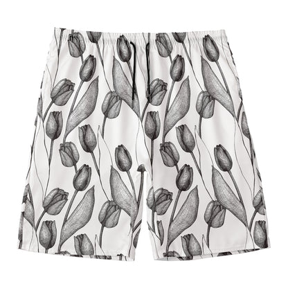 Black And White Tulip Pattern Print Men's Swim Trunks