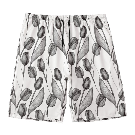 Black And White Tulip Pattern Print Men's Swim Trunks