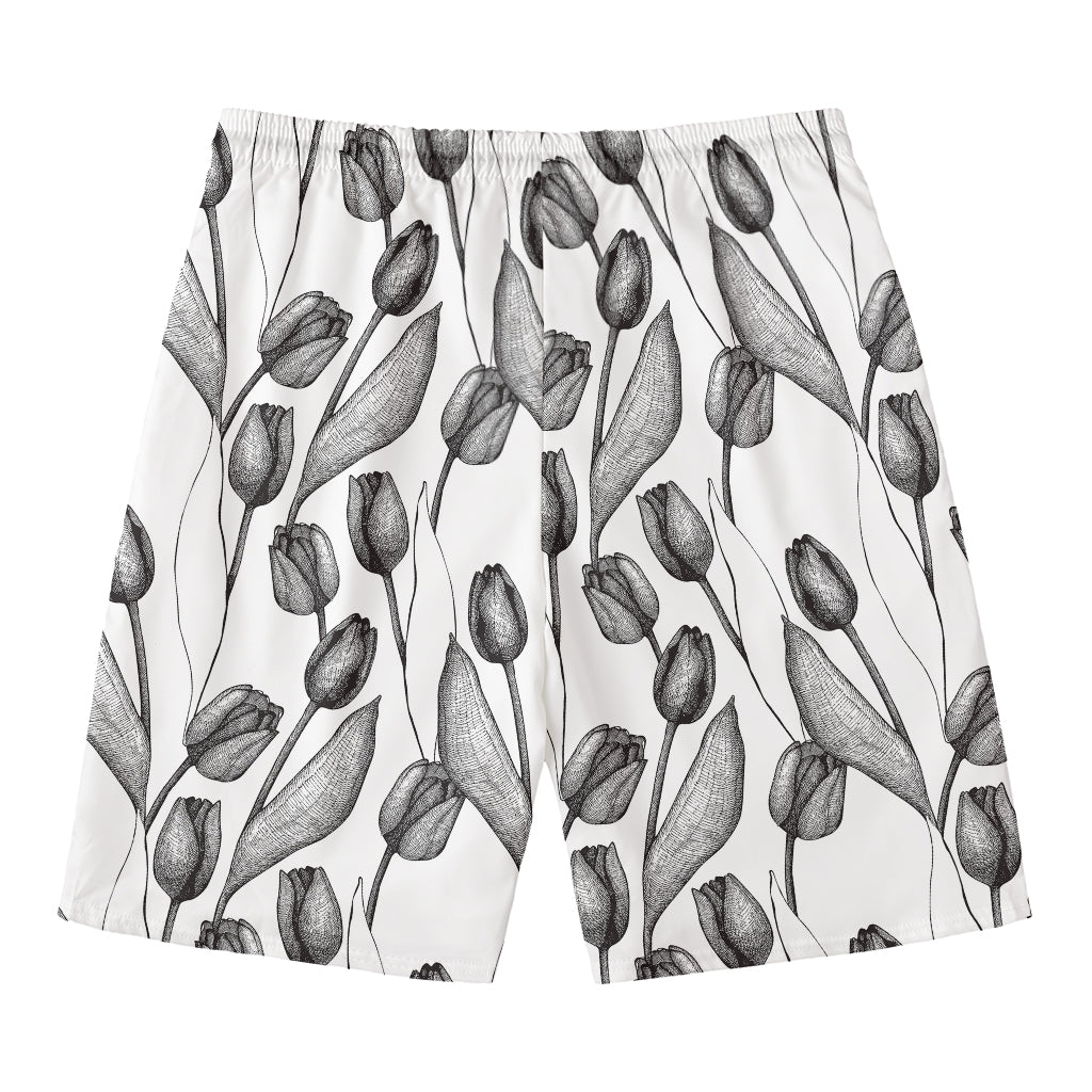Black And White Tulip Pattern Print Men's Swim Trunks