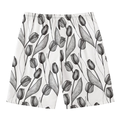 Black And White Tulip Pattern Print Men's Swim Trunks