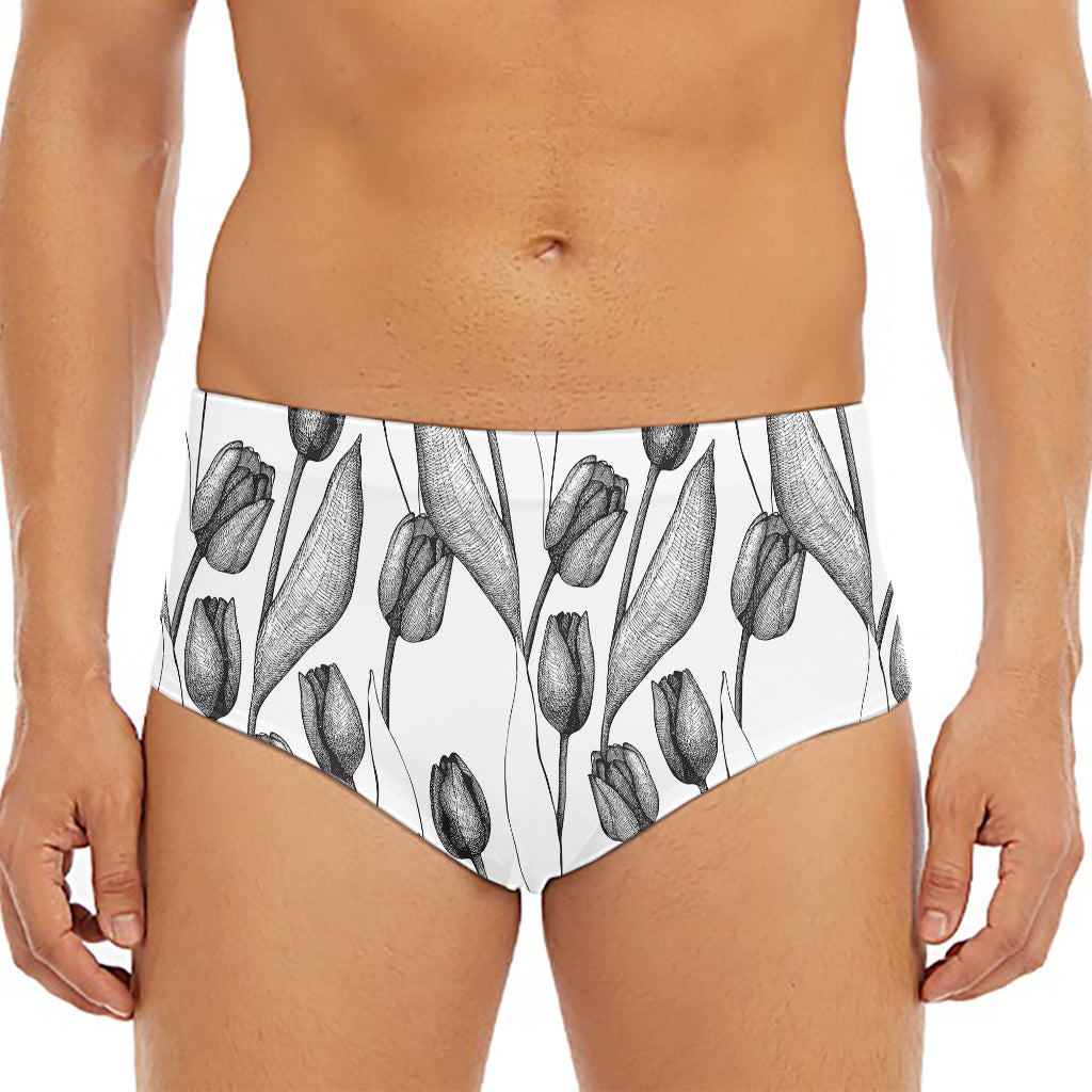 Black And White Tulip Pattern Print Men's Triangle Swim Briefs
