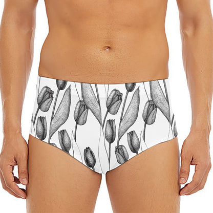 Black And White Tulip Pattern Print Men's Triangle Swim Briefs