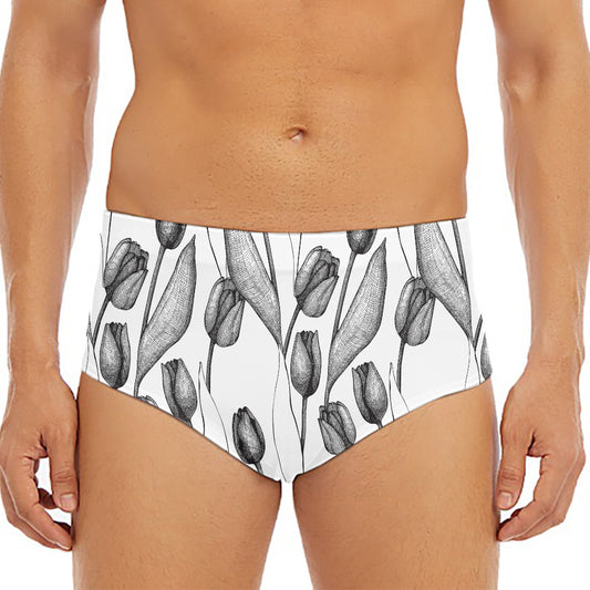 Black And White Tulip Pattern Print Men's Triangle Swim Briefs