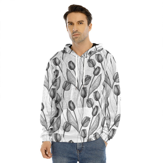 Black And White Tulip Pattern Print Men's Velvet Pullover Hoodie