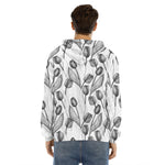 Black And White Tulip Pattern Print Men's Velvet Pullover Hoodie