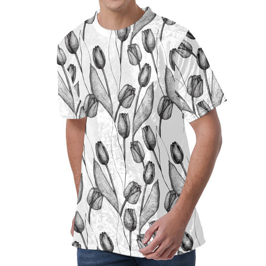 Black And White Tulip Pattern Print Men's Velvet T-Shirt