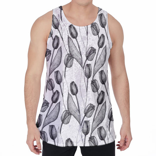 Black And White Tulip Pattern Print Men's Velvet Tank Top