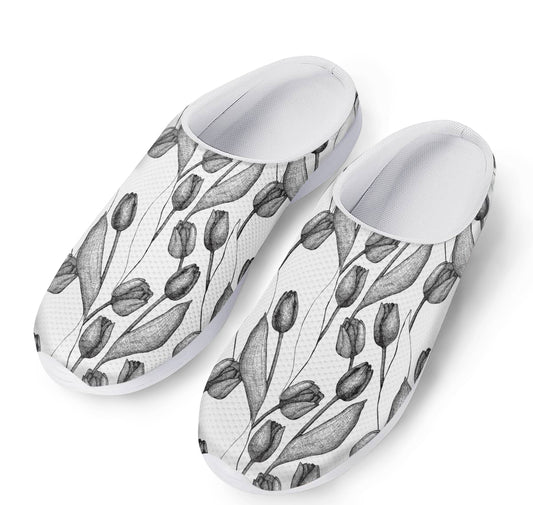 Black And White Tulip Pattern Print Mesh Casual Shoes
