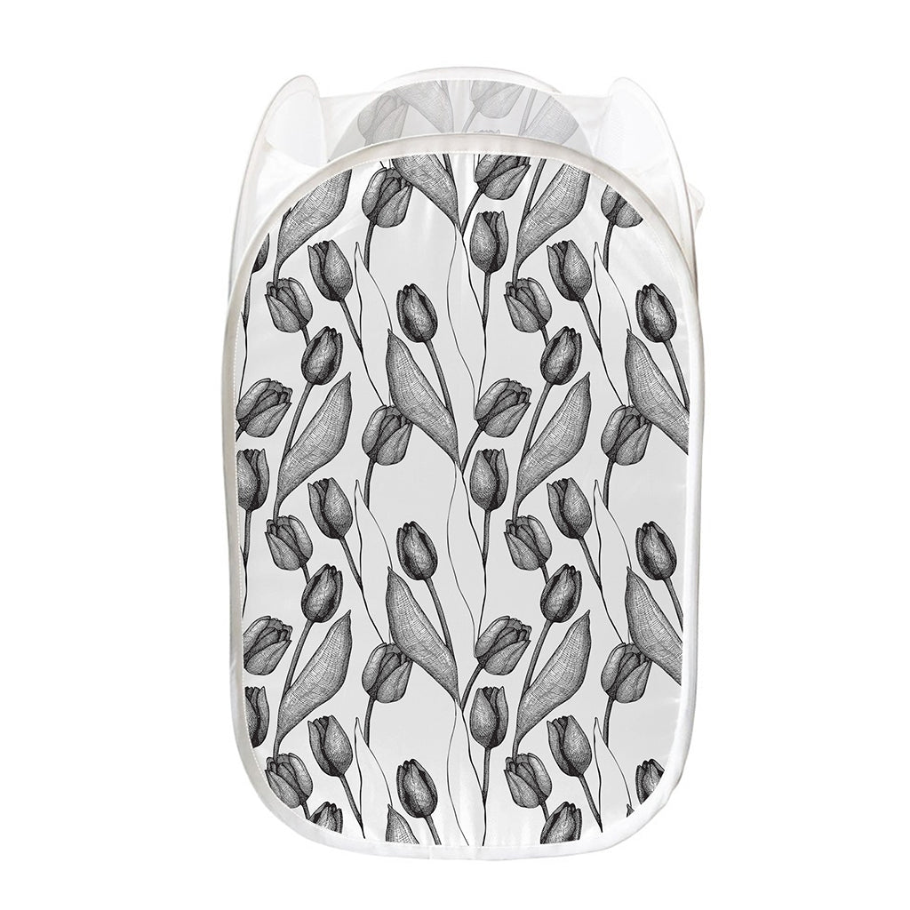 Black And White Tulip Pattern Print Mesh Laundry Hamper